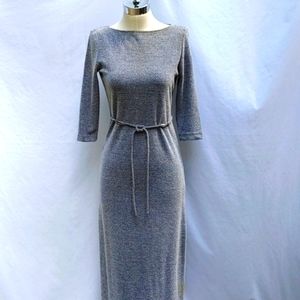 Gorgeous fitted tweed dress, 3/4 sleeve, belted, side split, Depeche, XS